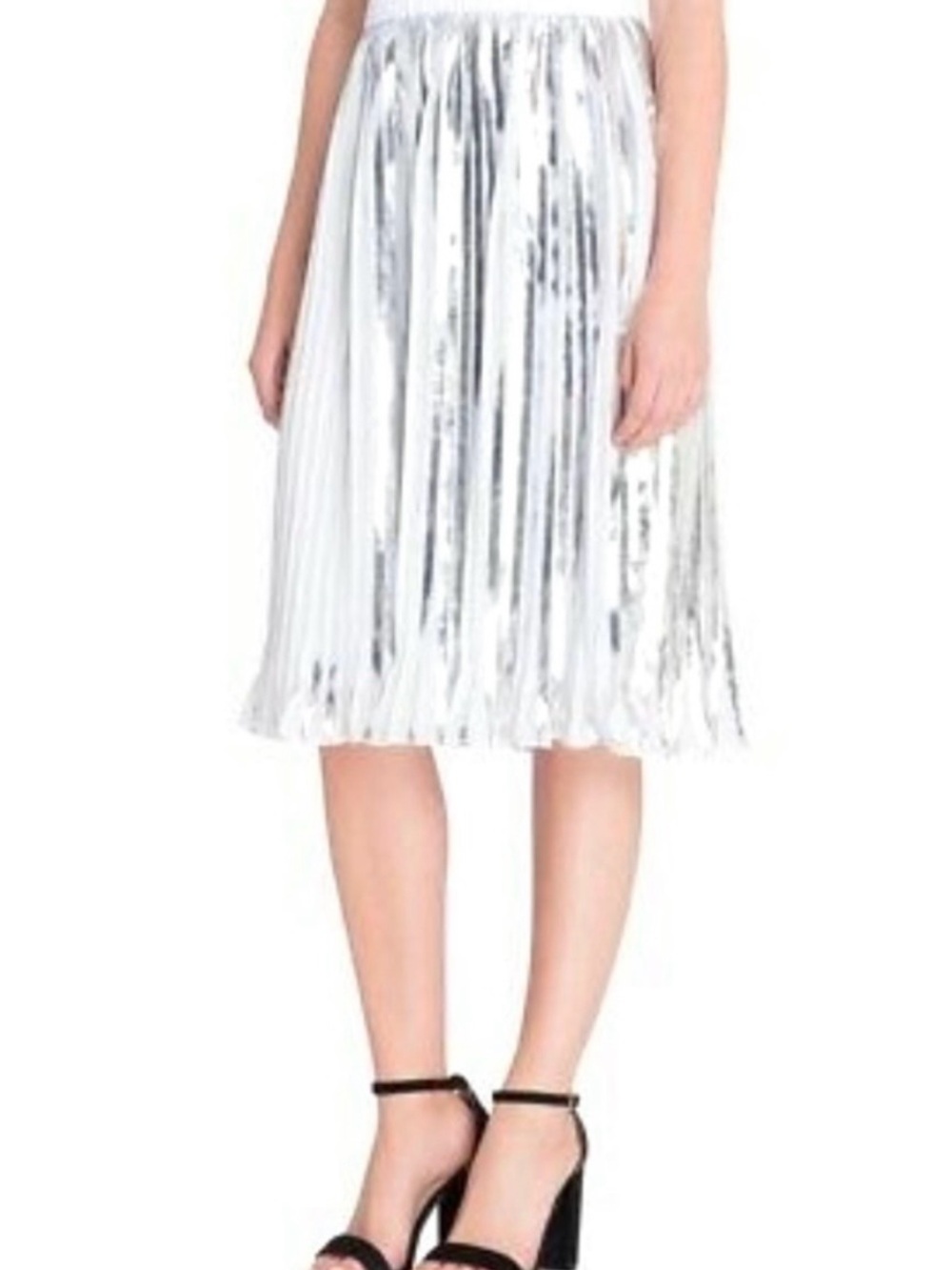 Catherine Malandrino Silver Metallic Pleated A-Line Midi Skirt Sz Large NWT